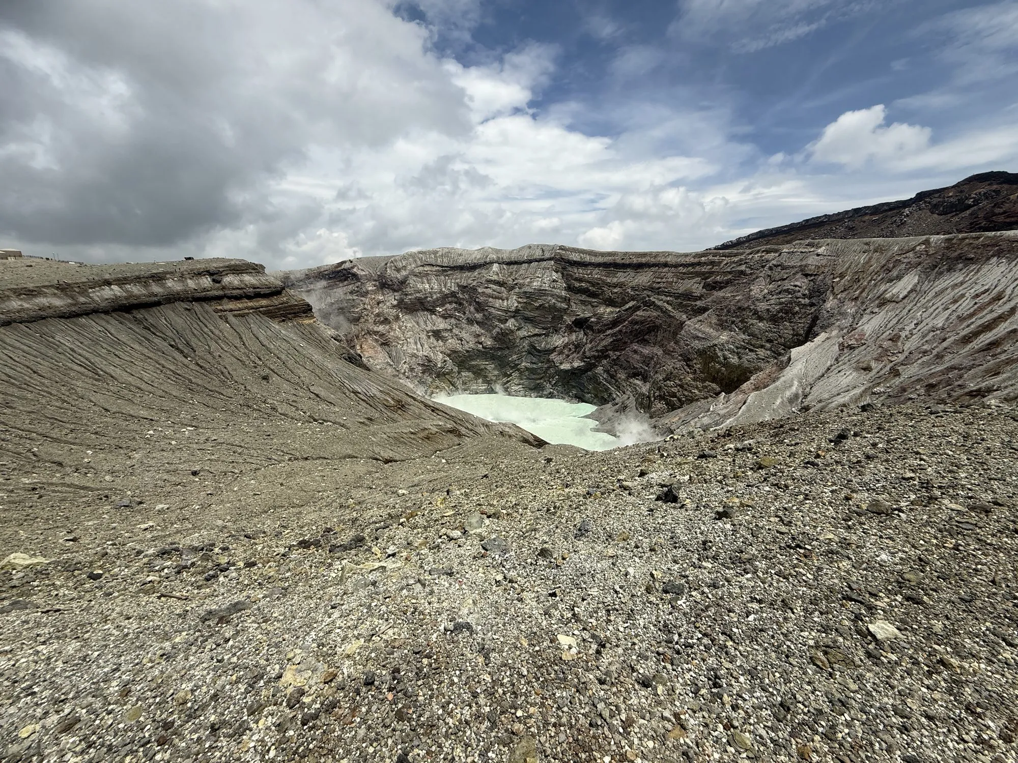 The Nakadake crater at Mount Aso, steam rising off a pale turquoise crater lake ringed by banded grey rock